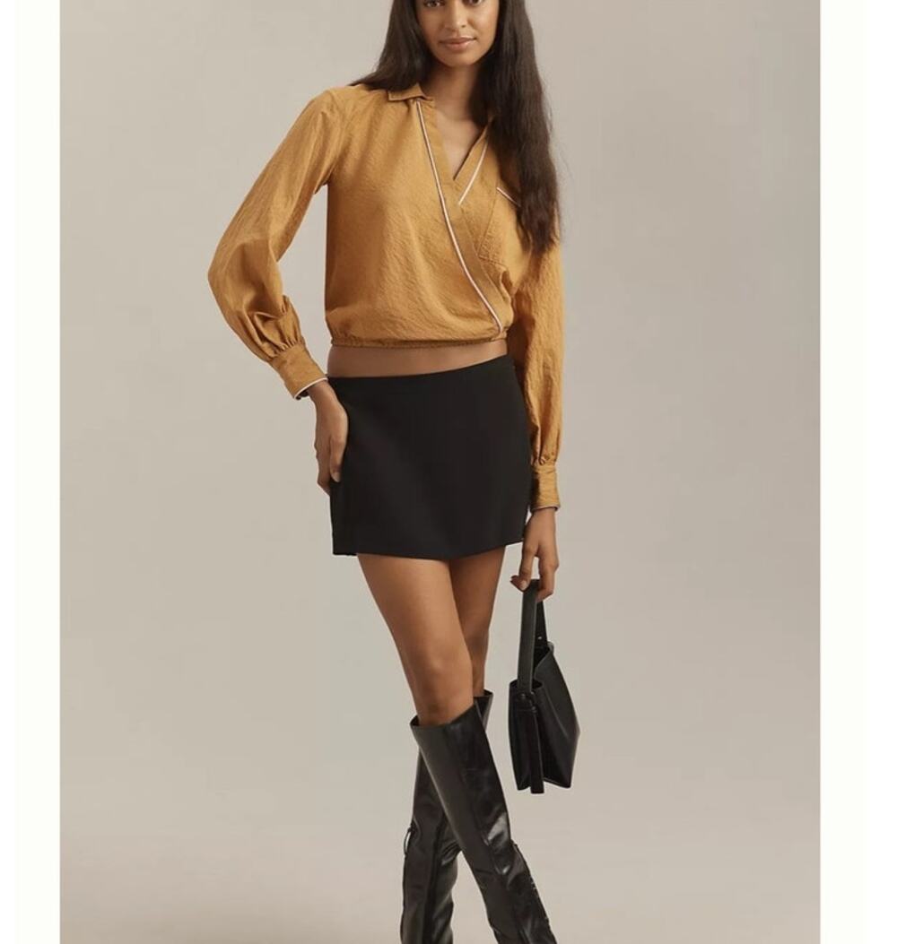 Anthropologie Maeve Piped Wrap Blouse XL Mustard Modal Long Sleeve Top